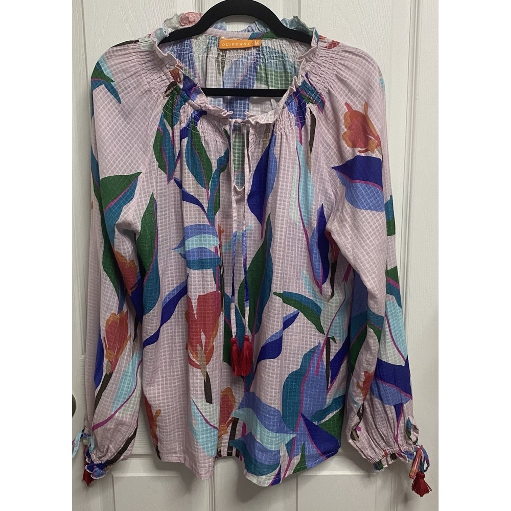 Oliphant Women Lightweight V-neck Shirt Long Sleeve Tassel Tunic Top Pink Blue M